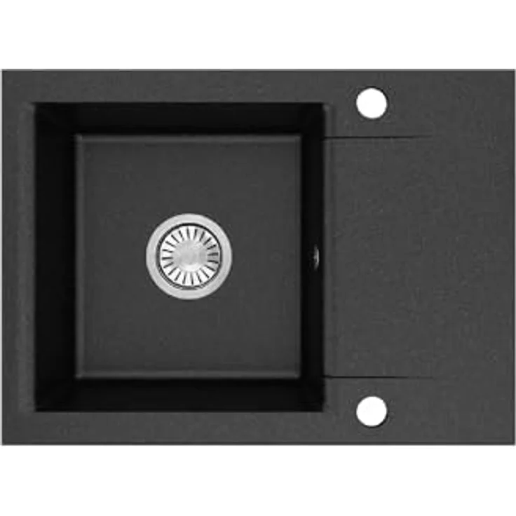 QLS Granit-Küchenspüle LUNA 59x44 cm, 1-Becken mit Abtropffläche, reversibel, automatischer Siphon, für 40 cm Unterschrank, schwarz, matt – Bild 1