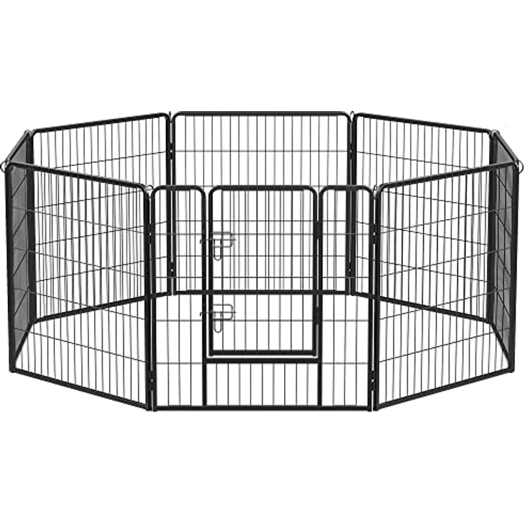 Feandrea Freilaufgehege Hund, Hundelaufstall DIY, 8 Gitterplatten je 77 x 80 cm, 2 L-förmige Riegel, transportabel, Hundezaun, für innen und Outdoor, extra große Hunde, schwarz PPK88H – Bild 1