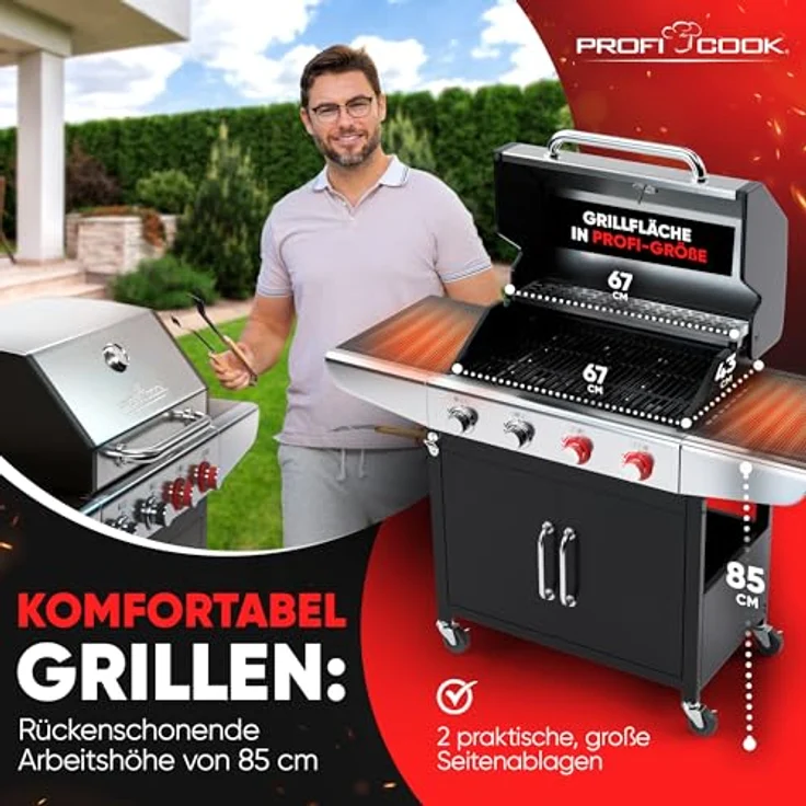 ProfiCook PC GG 1311, Gasgrill mit 4 Brennern, Temperaturen bis zu 450°C, gusseiserne Roste, Temperaturanzeige und Flaschenöffner – Bild 5