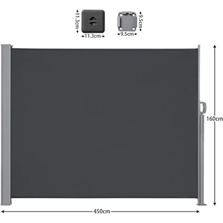 LARMNEE Seitenmarkise Anthrazit, ausziehbar 160 x 450 cm, rostbeständig, Wind- und Sonnenschutz, blickdicht für Balkon, Terrasse, Garten – Bild 2