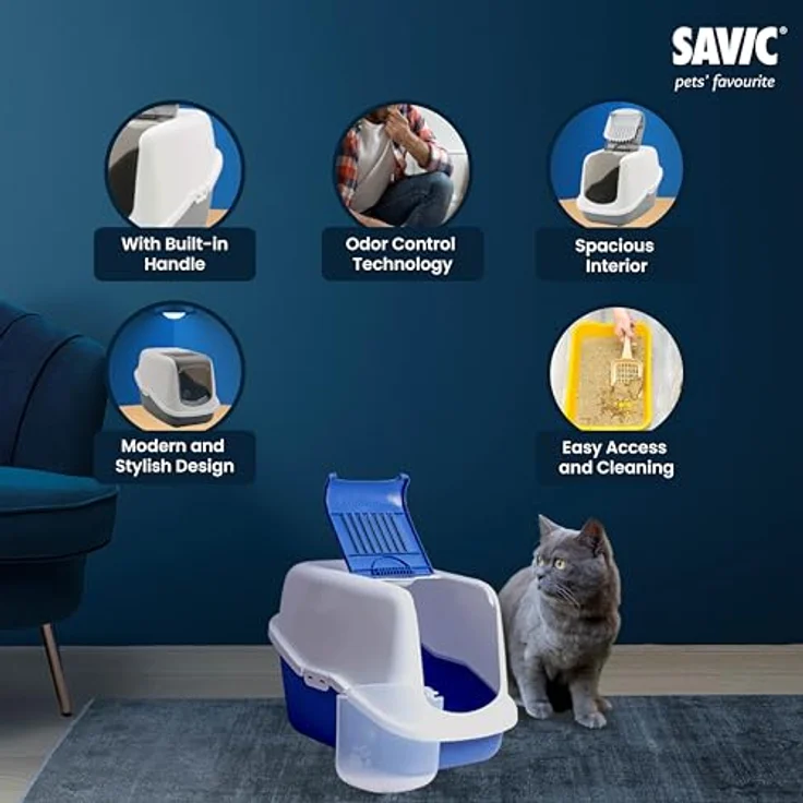 Savic Katzentoilette Nestor blau, mit aufklappbarer Front und Aktivkohle-Filter – Bild 2