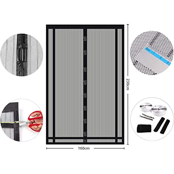 Sekey Magnet Fliegengitter Balkontür ohne Bohren Zuschneidbar, Türvorhang Fliegenschutz, Insektenschutz Tür Vorhang mit Verbreitertem Klebeband 160x230cm, Schwarz – Bild 2