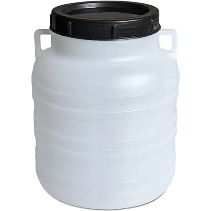 plasteo® 10 Liter Weithalsfass mit Deckel und Henkel Rund Natur, Lebensmittelecht und BPA-Frei