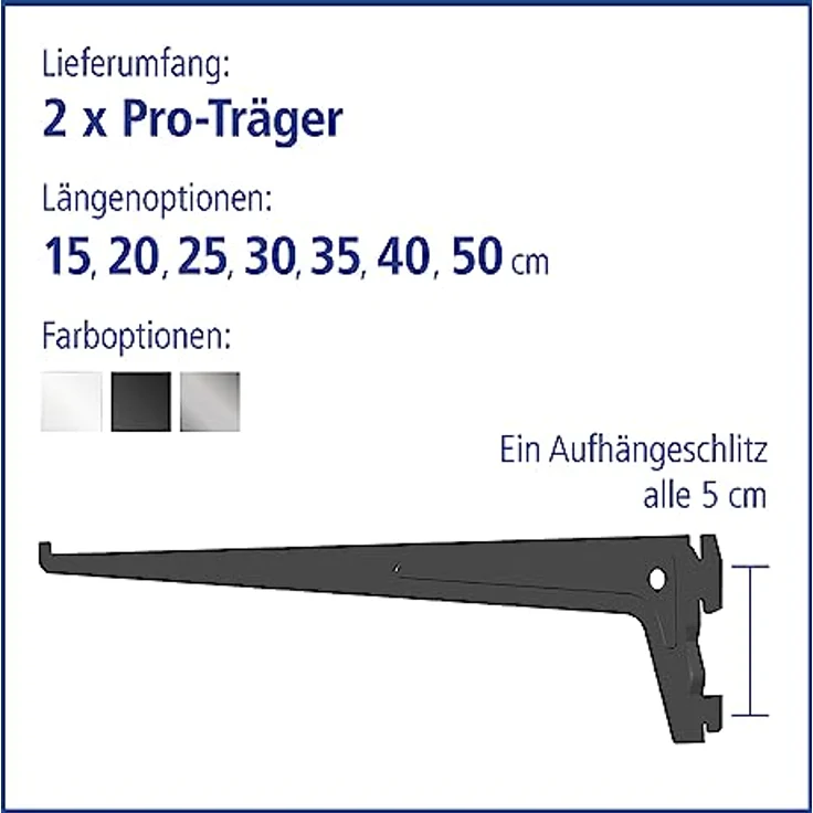 Element System 18133-00010 PRO-Träger Regalträger 1-reihig - 2 Stück - 7 Abmessungen - 3 Farben-L = 30 cm-schwarz-für Regalsystem-Wandschiene – Bild 3
