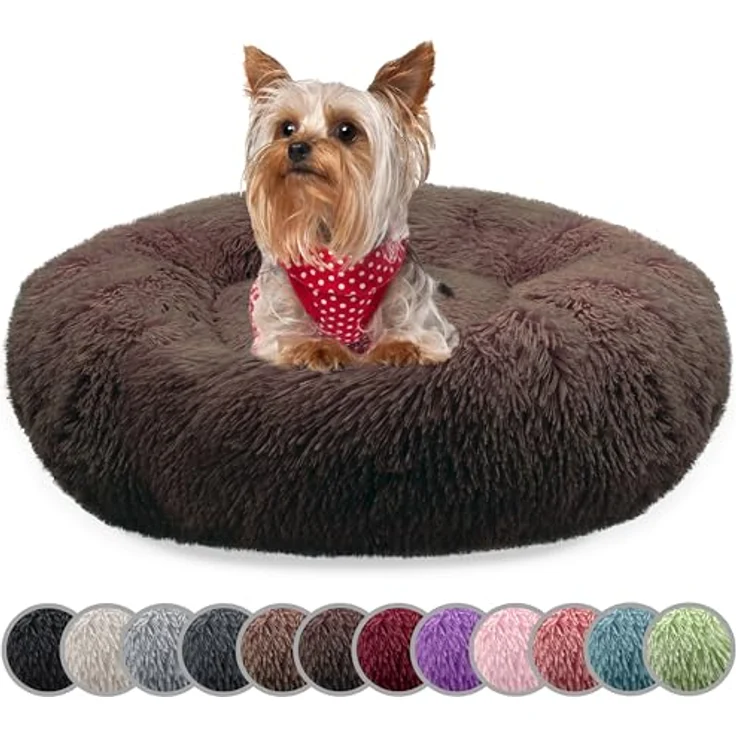 bluzelle Hundebett 50cm rund Donut Kissen Plüsch, rutschfest & waschbar, Coffee – Bild 1