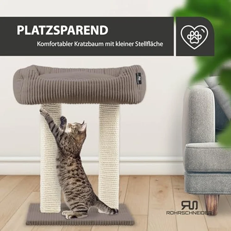 Rohrschneider Kratzbaum Katzenbaum Wolly 2 breite Kratzstämme mit Katzenbett Cordstoff, Made in Germany, versch. Farben – Bild 5