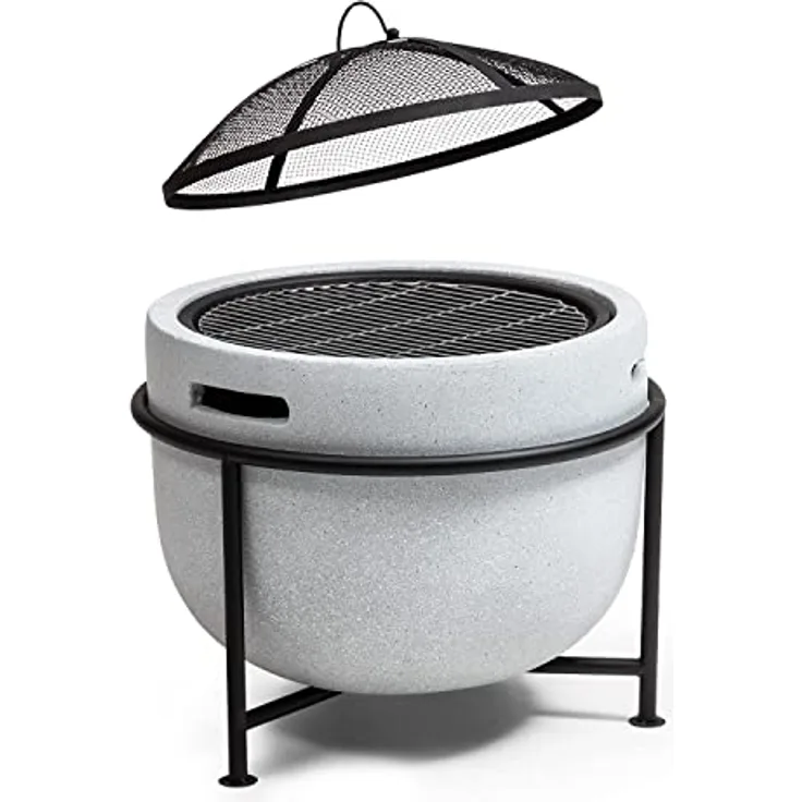 Blumfeldt Feuerschale, Tragbare Feuerstelle Outdoor, mit Grillrost & Holzlagerfach, Stahlschale, 52 x 46 x 52 cm, in Stein-Design