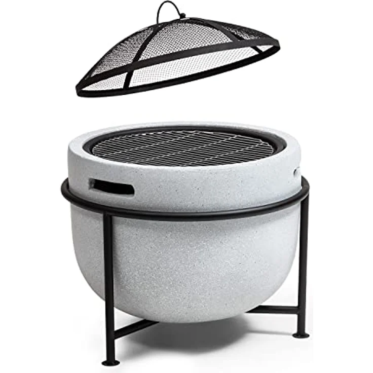 Blumfeldt Feuerschale, Tragbare Feuerstelle Outdoor, mit Grillrost & Holzlagerfach, Stahlschale, 52 x 46 x 52 cm, in Stein-Design – Bild 1