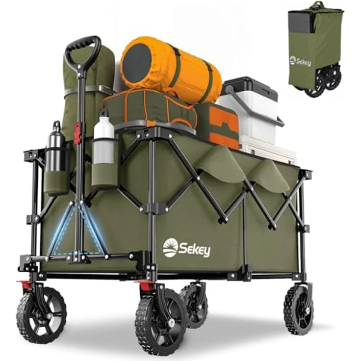 Sekey XXL Plus Bollerwagen Faltbar, 200L Laderaum, 200KG Tragkraft, Geländetauglich mit Bremsen, Klappbar aus Vier Richtungen, Olivgrün – Bild 1