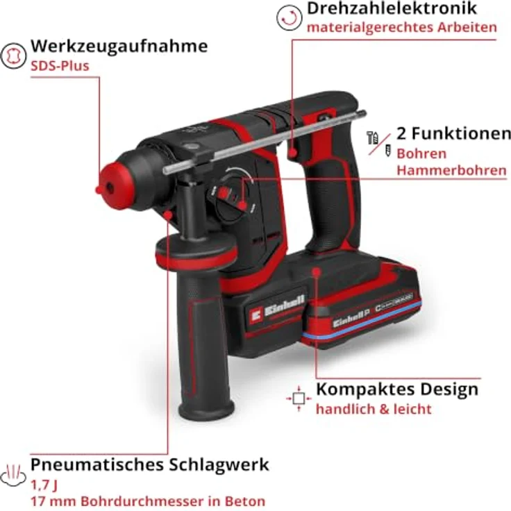 Einhell Akku-Bohrhammer 'TP-HD 18/17-C Li BL +5', pneumatisches Schlagwerk, inkl. Akku und Ladegerät, für Holz, Metall und Beton – Bild 2