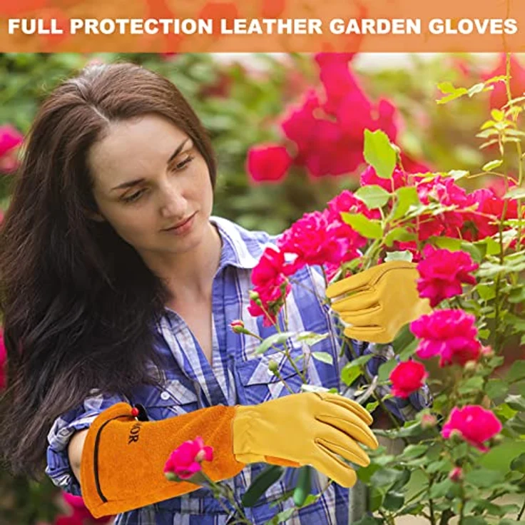 SLARMOR Gartenhandschuhe aus Leder, Dornensicher für Rosen, mit Unterarmschutz, lange Rindsleder Arbeitshandschuhe für Herren und Damen – Bild 4