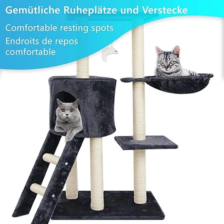 Katzen Kratzbaum Simba 142 cm groß Dunkelgrau - Deluxe Katzenbaum mit Katzenhöhle, Katzenspielzeug, Plattform, Sisal Kratz Säule und Hängematte - Stabiles und Robustes Katzenhaus – Bild 3