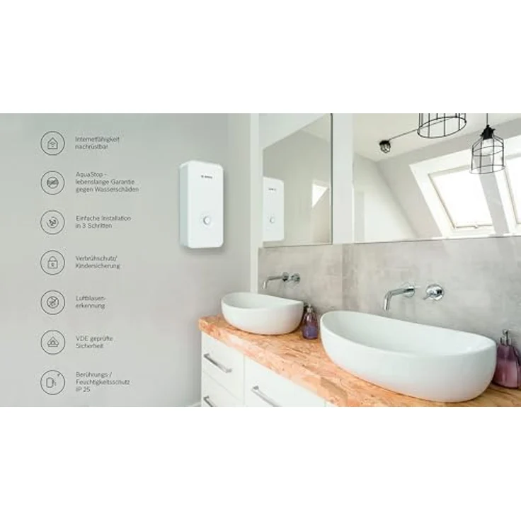 Bosch Tronic Comfort Durchlauferhitzer 21/24/27 kW, elektronisch geregelt, druckfest, stufenlose Temperaturwahl, Glas-Optik, weiß, Energieklasse A, AquaStop-System – Bild 2