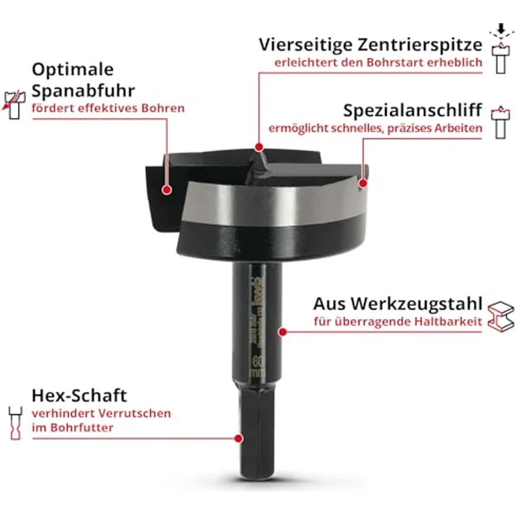 kwb Universalbohrer KWB Forstnerbohrer, 706460, 60 mm, für schnelle und präzise Bohrlöcher, Werkzeugstahl – Bild 2