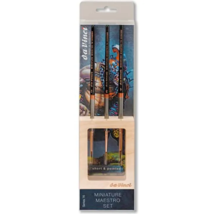 da Vinci Pinselset Miniature Maestro Kolinsky Serie 76, 3-teilig mit Holzaufsteller und Rotmarderhaaren für Miniaturmalerei, Größen 2, 3 und 4