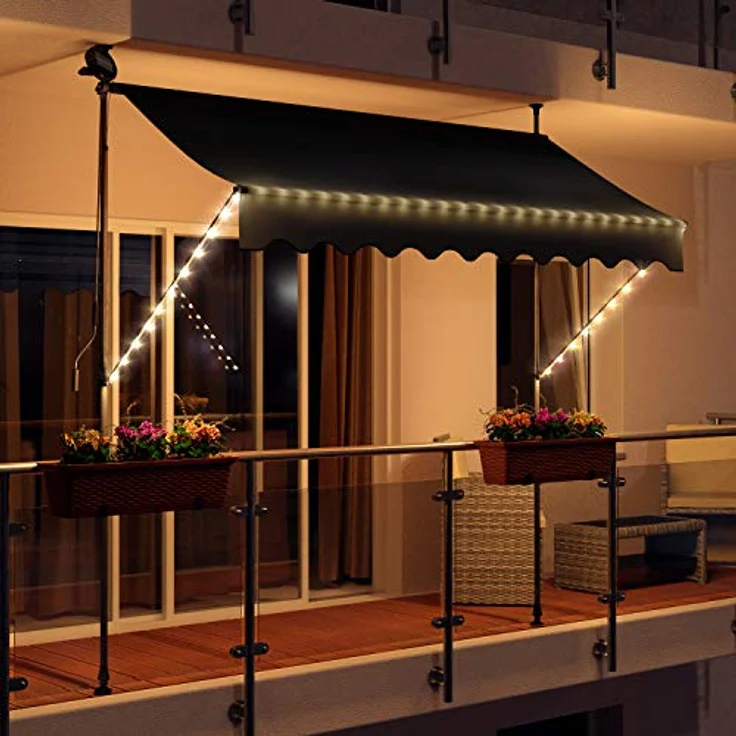 Swing & Harmonie LED - Markise mit Kurbel Klemmmarkise Balkonmarkise mit Beleuchtung und Solarmodul Fallarm Markise Sonnenschutz Terrasse Balkon (200x150, anthrazit) – Bild 1