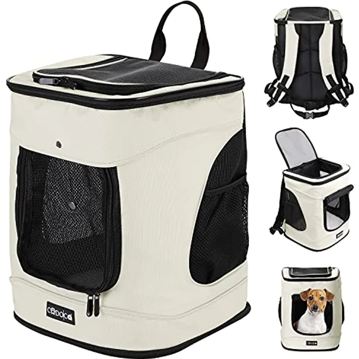 CADOCA® Haustierrucksack bis 12 kg verstellbare Gurte faltbar Kurzleine Haustier Tragetasche Katze Hund Rucksack Beige