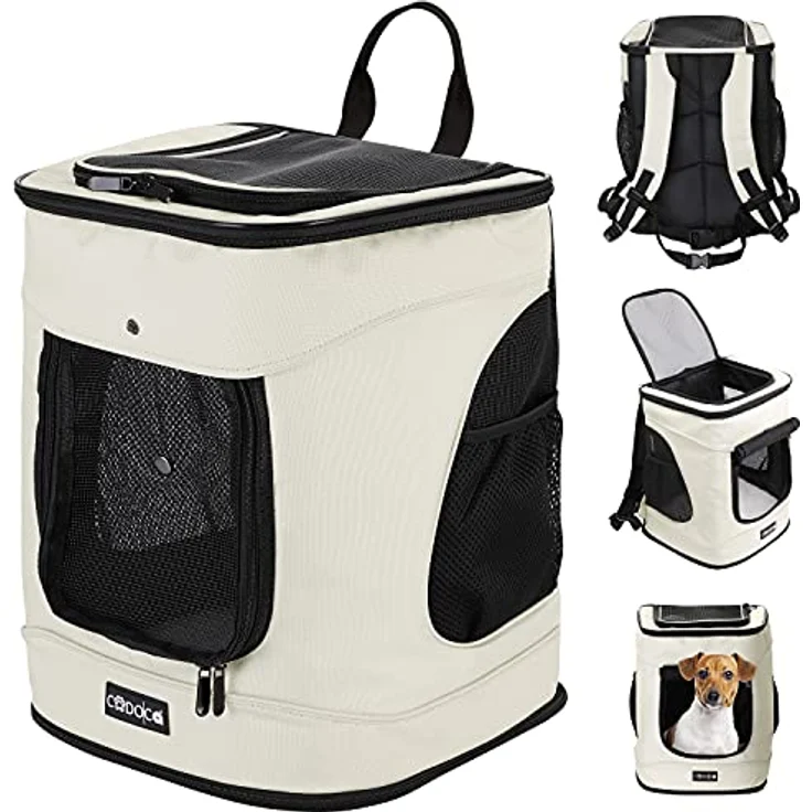 CADOCA® Haustierrucksack bis 12 kg verstellbare Gurte faltbar Kurzleine Haustier Tragetasche Katze Hund Rucksack Beige – Bild 1