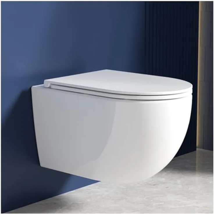 Rainsworth Hänge WC Spülrandlos Toilette - 360° Einloch Superspin Spülung Wand WC, Geräuscharme Toilettenspülung, Absenkautomatik, Weiß, 48.5cm – Bild 1
