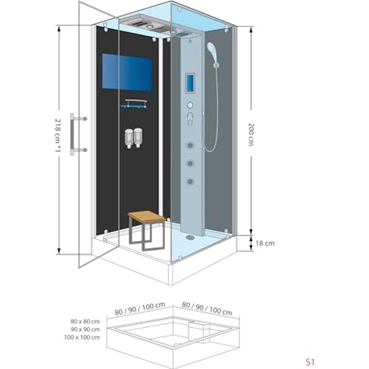 SeniorBad GmbH Dampfdusche Duschtempel Sauna Dusche Duschkabine D38-00R2-EC 80x80 cm, weiß, mit Regendusche, Handbrause und Rückenmassagedüsen – Bild 4