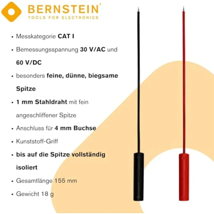 BERNSTEIN Prüfspitze Klinge 1 mm Paar, Rot und Schwarz, Anschluss für 4 mm Buchse, vollisoliert bis auf die Spitze, Messkategorie CAT I, 30 V/AC und 60 V/DC – Bild 5