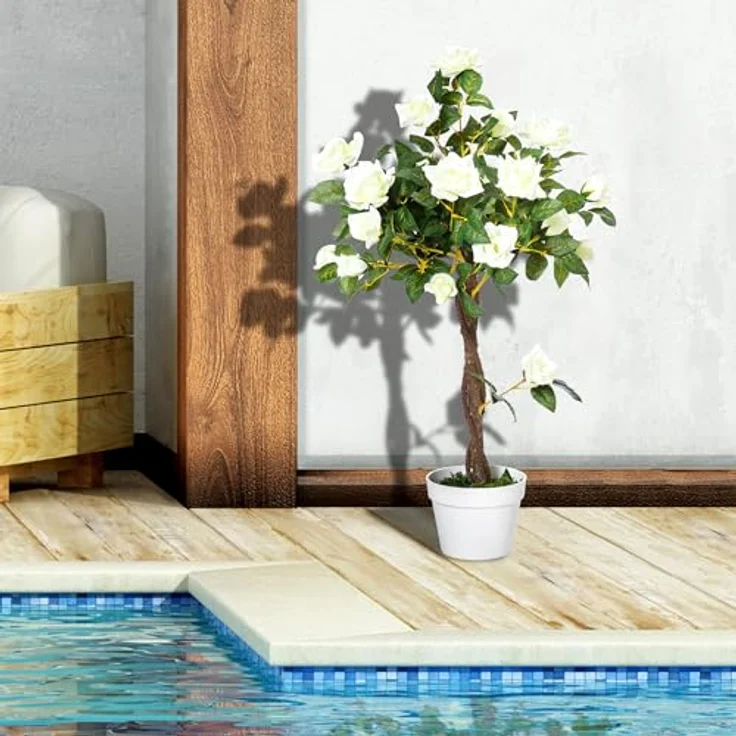 Outsunny Kunstpflanze groß 90 cm Rosenbaum im Topf, künstliche Pflanze, Weiß, für moderne Dekoration ohne Pflegeaufwand – Bild 3