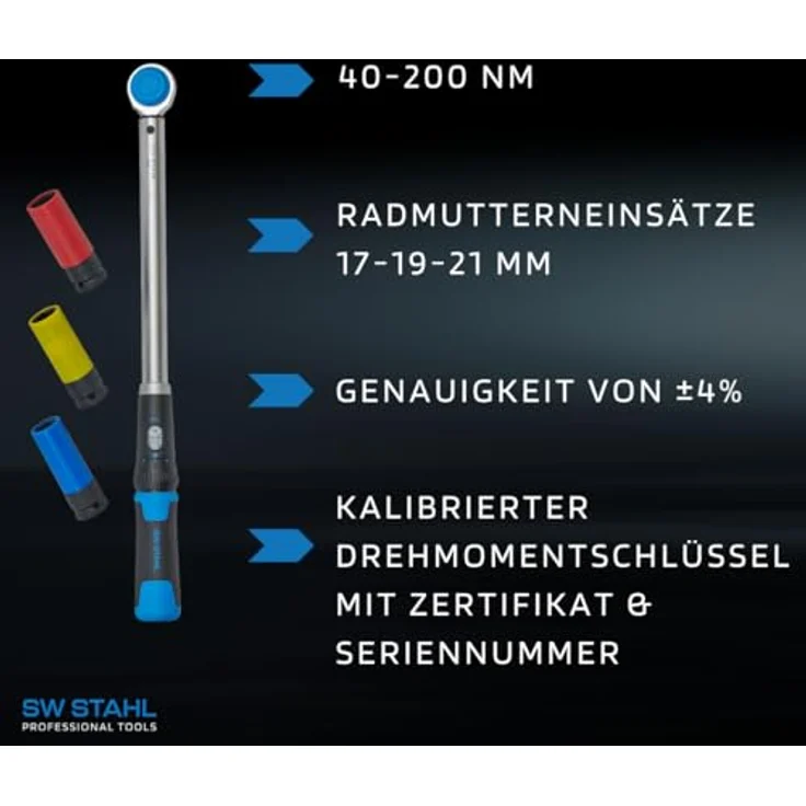 SW-Stahl 03879L Werkstatt Drehmomentschlüssel 1/2 Zoll, 40-200 Nm mit 4 Radmutterneinsätzen (17-19-21 mm), Rechts- und Linksanzug, Pilzkopf für Reifenwechsel – Bild 2