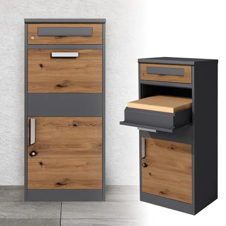 ML DESIGN modern living Paketbriefkasten aus verzinktem Stahl in Anthrazit-Eiche Optik, abschließbar, geräumig für Pakete, mit extra Sicherheit