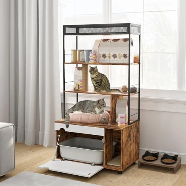 PawHut Tierhaus 2-in-1 mit 3-Ebenen-Regal, Kratzpfosten und Klapptür für Katzen bis 6 kg, Rustikal-Braun, 80 x 48 x 152 cm – Bild 2