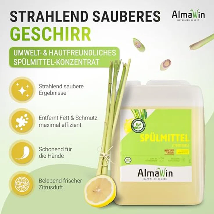 Almawin Spülmittel Zitronengras Kanister 5L, hochkonzentriertes Geschirrspülmittel mit frischem Zitrusduft, vegane Formel, klimaneutral, dermatologisch getestet – Bild 2