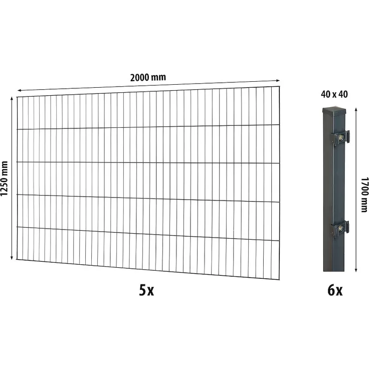 JUNGELMAR Classic ES-Mattenzaun-Set 1250, 10m anthrazit, mit 5 Einstabmatten und 6 Vierkant-Zaunpfosten 40x40 cm