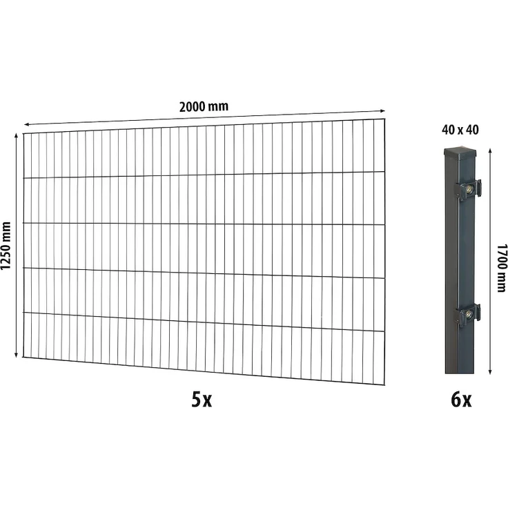 JUNGELMAR Classic ES-Mattenzaun-Set 1250, 10m anthrazit, mit 5 Einstabmatten und 6 Vierkant-Zaunpfosten 40x40 cm