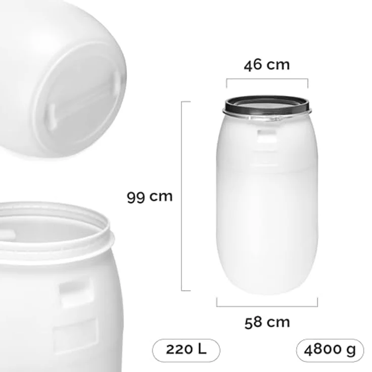Garronda GD-0078 Regentonne 220 Liter Weithalsfass aus HDPE, weiß, mit Deckel, BPA-frei, ideal für Regenwasser, Futter und Lebensmittel – Bild 2