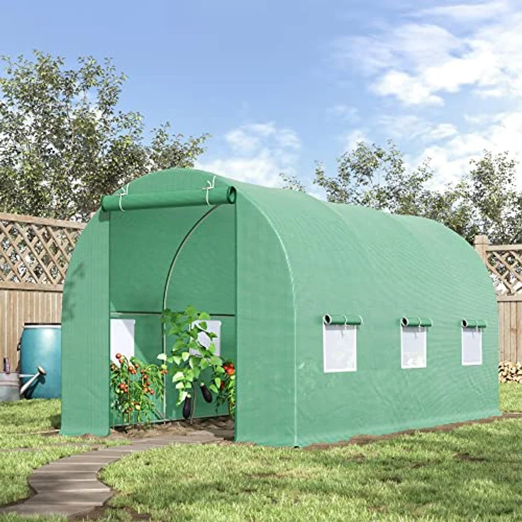 Outsunny Foliengewächshaus Tomatengewächshaus Treibhaus Folientunnel Frühbeet mit Fenster Grün 445 x 190 x 200 cm – Bild 2