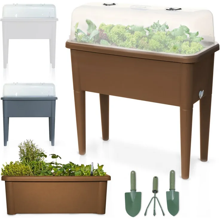 Onbest Hochbeet Kunststoff 76x66,5x37cm, wetterfest mit Deckel und 3-teiligem Gartenwerkzeug Set, Farbe Coffee