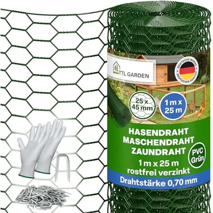 TTL GARDEN Hasendraht 25mx1m, PVC-beschichtet, 25x45mm Masche, grün, inkl. 100 verzinkte Krampen und Arbeitshandschuhe