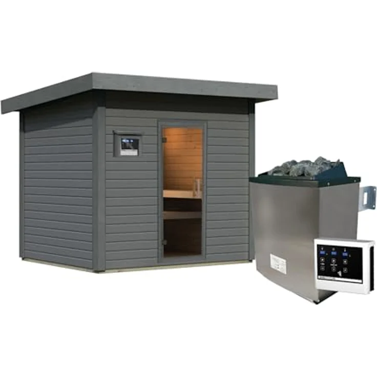 CHILLROI Saunahaus Kaapi, 38mm Wandstärke, inkl. Ofen 9 kW, externe Steuerung, naturbelassen – Bild 4