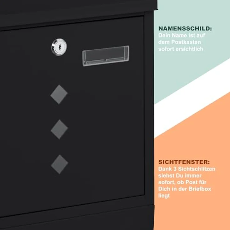 relaxdays Briefkasten mit Zeitungsfach, modernes Design aus pulverbeschichtetem Eisen, schwarz – Bild 8