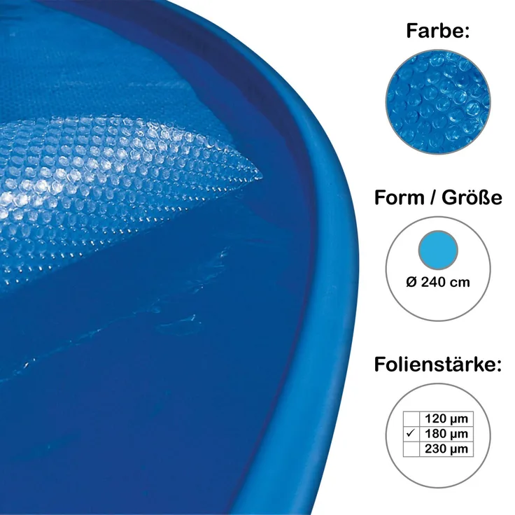 Planet Pool Solarplane, Luftpolsterabdeckung für runde Pools 240 cm, 180 µm, blau transparent, chlor- und uv-beständig