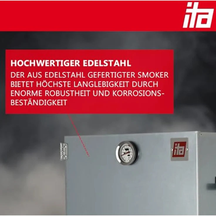 ITA Räucherofen 7004, XL Smoker Set aus Edelstahl mit Rauchgenerator und Thermometer, 111 cm hoch, 4 Etagen, EU Qualität – Bild 4