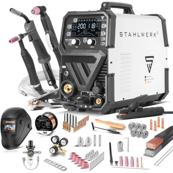 STAHLWERK CTM-250 PULS Pro 6-in-1 Schweißgerät, 200 A WIG MIG MAG mit Vollausstattung, inkl. WIG- und MIG-Brenner, Plasmaschlauch, Zubehör und Schweißhelm – Bild 1