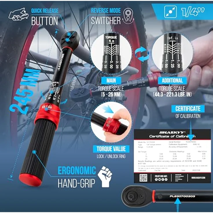 HASKYY Drehmomentschlüssel 1/4" 5-25Nm Set Bits PH1-2-3, FD4, H2-2.5-3-4-5-6-8, T20-25-27-30-4 &100mm Verlängerung Fahrrad Motor Motorrad Quad, präzise in 0,25er Schritten einstellbar – Bild 2