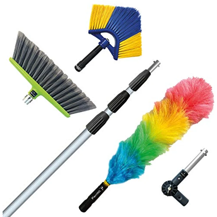 FenWi 6m Teleskopbesen Komplett Set mit Teleskopstiel Winkelbesen Staubwedel Flächenbesen (Bürste) und Knickgelenk – Bild 1