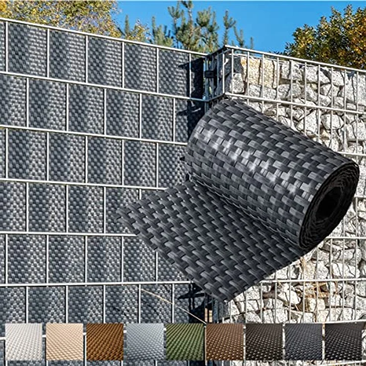 NYVI Polyrattan Sichtschutzstreifen Privafence, anthrazit, 255 x 19 cm, 10 Rollen (25,5 Meter), blickdicht, wetterfest, für Doppelstabmattenzaun – Bild 1
