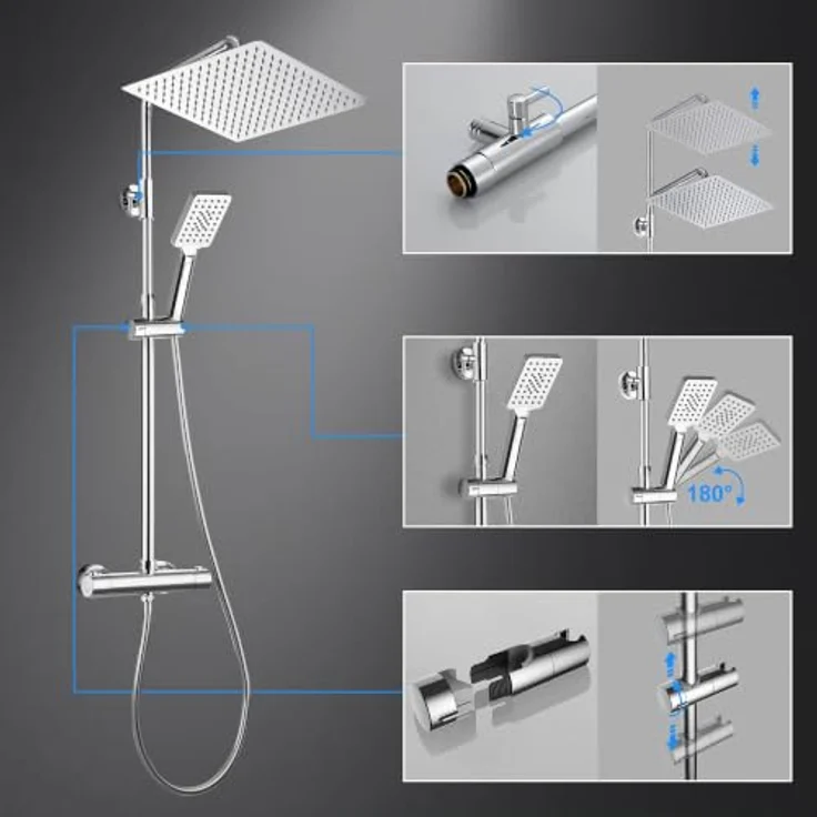Görbach Regendusche Duschsystem mit Thermostat, 30x30 cm Kopfbrause aus Edelstahl, verstellbare Wandhalterung, Chrom – Bild 5