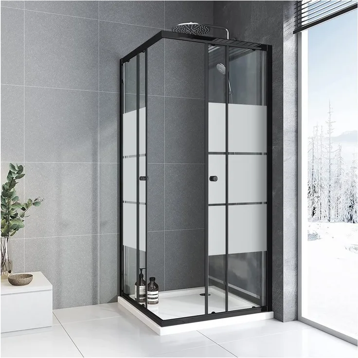 Boromal Eckdusche 75x75 H:185cm Duschkabine Schiebetür, BxT: 75x75 cm, 5mm Sicherheitsglas, Eckeinstieg Variabel Breite 74-76cm, Schwarz Chrom, 16 Türrollen, Alurahmen, Aluprofile, Magnetverschluss