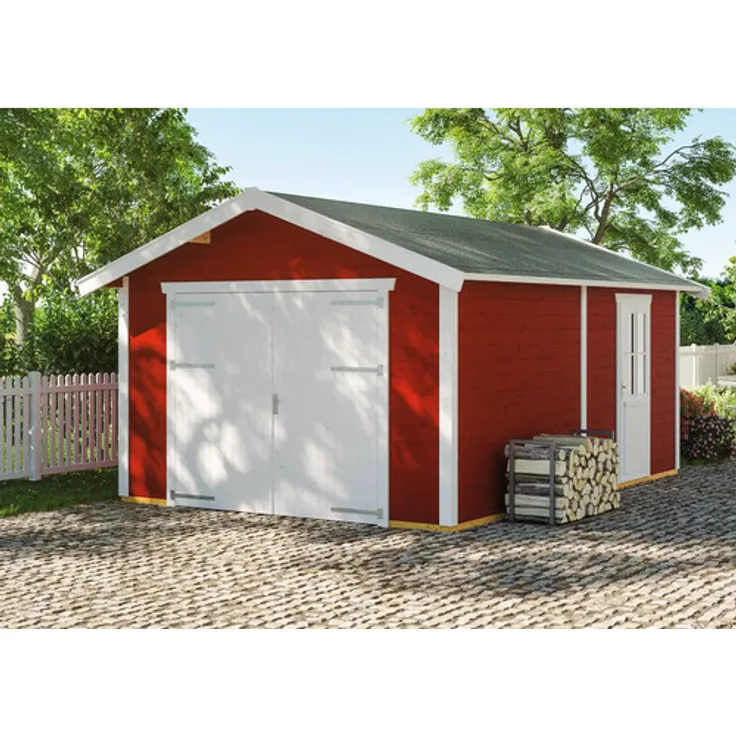 GartenHaus GmbH SKAN Holz Varberg 1, Einzelgarage aus nordischer Fichte, 410 x 585 cm, schwedenrot, 45 mm Wandstärke, inkl. Tür mit Echtglas
