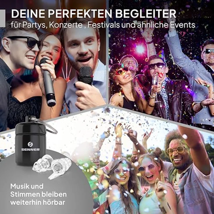 Senner Gehörschutzstöpsel PartyPro, 18 dB Lärmreduzierung für Musik, nahezu unsichtbar, hypoallergen, inkl. Aluminium Behälter – Bild 3