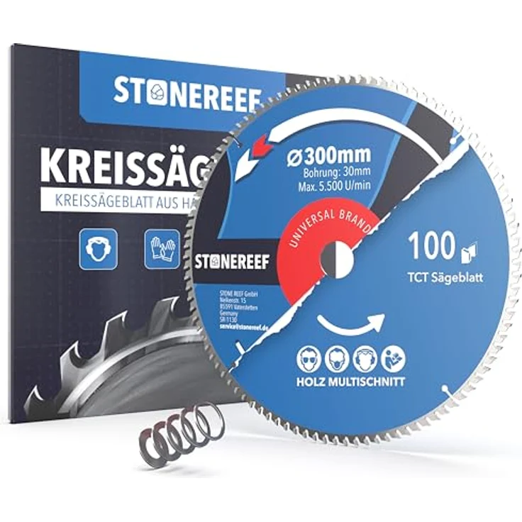 STONE REEF Kreissägeblatt 300 x 30 mm für Holz & Kunststoff, 100 Zähne, Adapterringe 25,4/22/20/16 mm, für Tisch-, Kapp- & Gehrungssäge – Bild 1