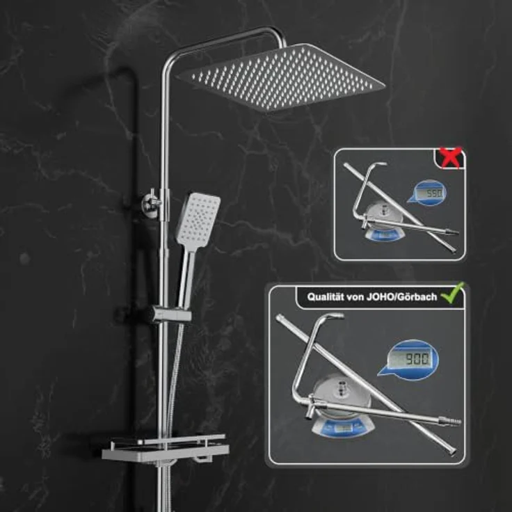 JOHO Edelstahl Duschsystem mit 25x25 cm Regendusche, ohne Armatur, verstellbare Duschstange, Chrom – Bild 4